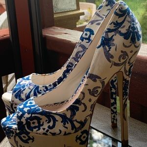 Blue and white platform stilettos